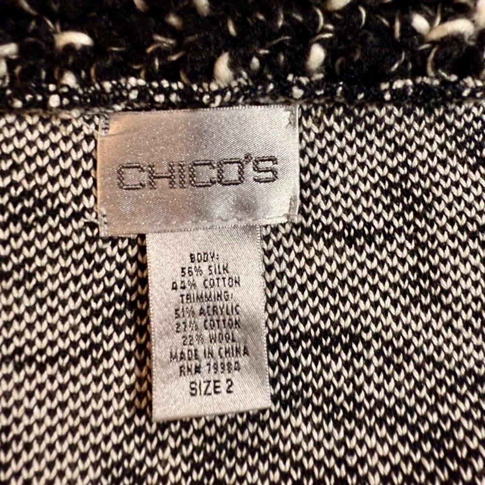 Chico’s - Woman's Black & White Retro Statement Cardigan with Faux Fur Trim | B - Picture 3 of 4